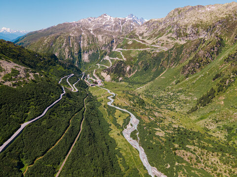 Aerial View of Gletsch and two mountain roads, Switzerland