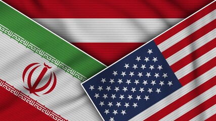 Austria United States of America Iran Flags Together Fabric Texture Effect Illustration