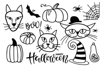 Happy Halloween, Boo text with holiday attributes sketch. Halloween lettering sign with witch cats, bat, hat, spider, pumpkins. Halloween elements for party decor, invitation, card. Halloween symbols