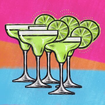 Margarita cocktail, with lime decorations. For cafe and restaurant menu, packaging and advertisement. Hand drawn. Mardi Gras editorial illustration, party drawing of alcohol , fun artwork for ad