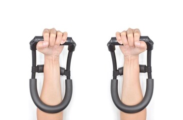 Wrist and forearm strengthener tool. Home light workout by man.