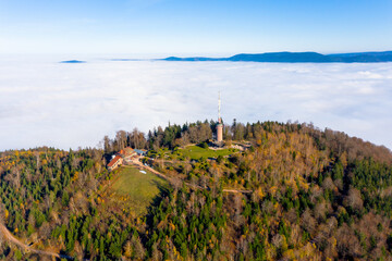 Panoramic aerial view of the Merkur Mountain with observation tower, Baden Baden, Black Forest, Germany.