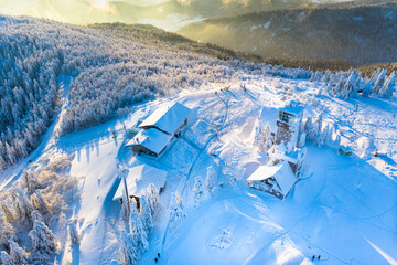 Panoramic aerial view of a snowcovered mountain peak, Black Forest, Germany.