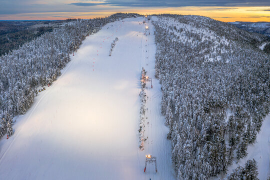 Panoramic aerial view of a ski slope with lift, Black Forest, Baden Baden, Germany.