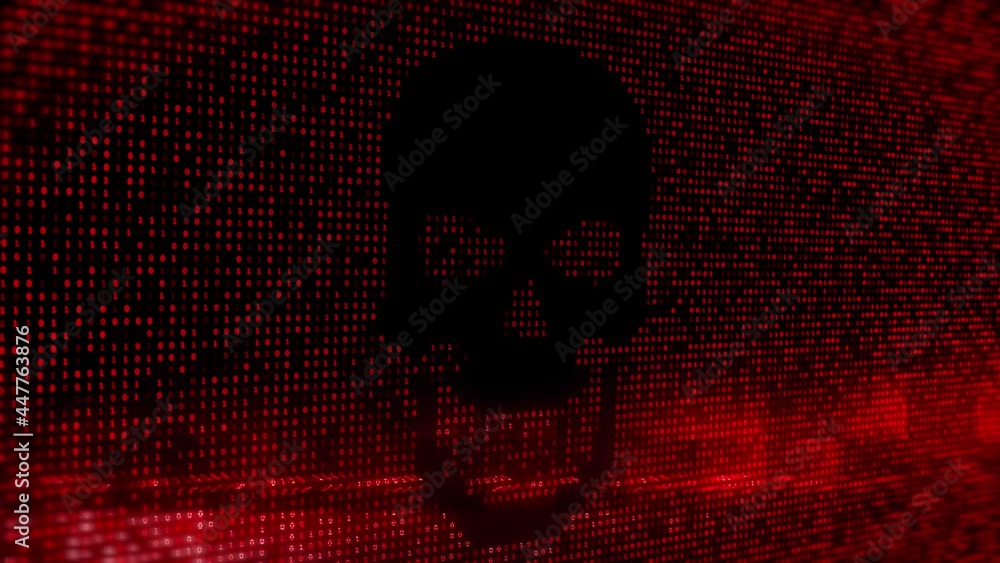 Poster hacking attack message pirate skull. 4k computer virus attack, cyber security, malware, crime, spyin