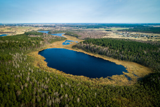 Aerial view of lake near Varnikai cognitive path near Trakai, Lithuania.
