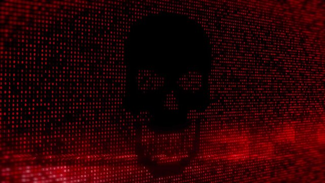 Hacking attack message pirate skull. 4K Computer virus attack, cyber security, malware, crime, spying software technology. Computer virus attack, cyber security, malware, crime, spying technology.
