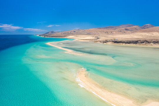 Aerial view of Sotavento beach lagoon in Costa Calma, Fuerteventura island...
