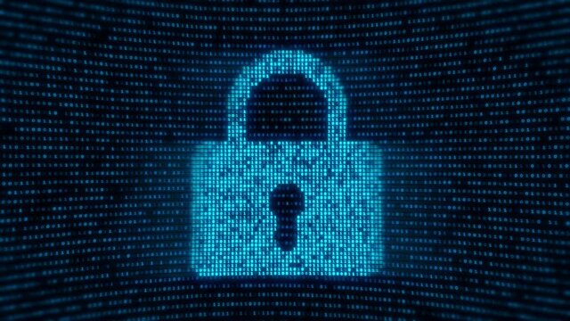 Abstract Blue Digital animation of digital lock Binary Code moving in the screen Background. Malware, Cyber Attack, Hacking. Cyber security data protection business technology privacy concept.
