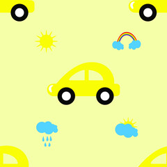 Seamless pattern with cars, clouds. sun, rainbow, rain.  Baby cartoon print.