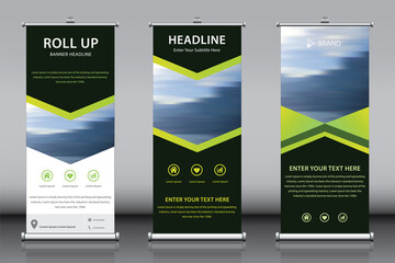 Roll up vertical standee banner design template vector with image and 3 titles. Yellow green black Information advertisement branding and street business flag exhibition banner. Editable color 3 in 1