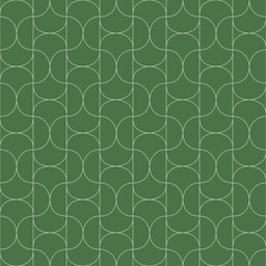 Seamless vector pattern.
Green and white geometric tiles with lines and half circles. Curvy wallpaper background.