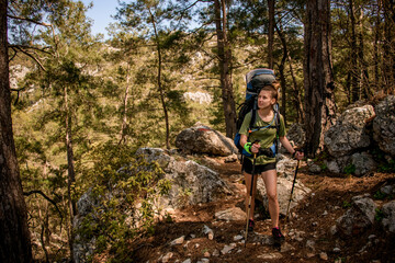 Obraz premium female tourist with hiking gear walks in the forest and looks to the side