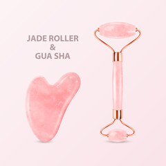 Vector 3d Realistic Jade Roller, Gua Sha Scraping Massage Tool Set. Natural Pink Rose Quartz Stone Scraper, Massager. Chinese Traditional Facial Lifting for Woman. Facial Acupoints