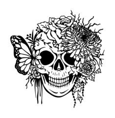 Fototapeta premium Skull with chrysanthemum,roses,leaf and butterfly for printing, engraving,coloring and so on. Vector illustration