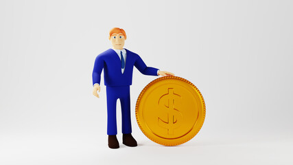 3D render of business man and gold coins on a white background. Business online concept.