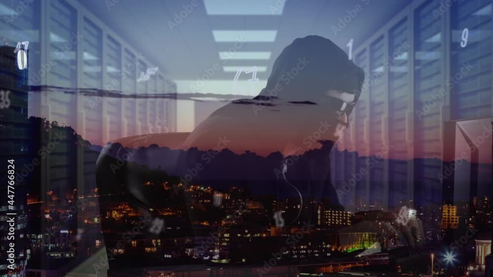 Poster Multiple numbers on male hacker using laptop over view of cityscape against computer server room
