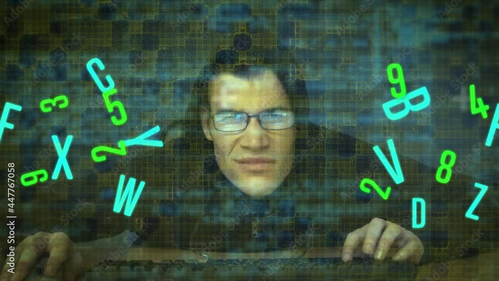 Poster multiple changing numbers and alphabets over caucasian male hacker against data processing