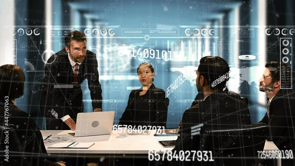 Poster digital interface with data processing against caucasian businessman touching futuristic screen