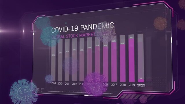 Digital animation of covid-19 statistics against multiple covid-19 cells icons on blue background