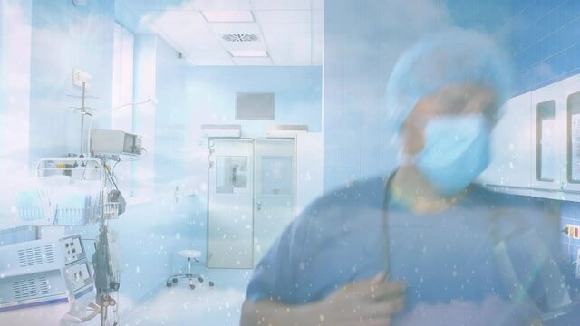 Digital composition of team of surgeons running at hospital against clouds in the sky