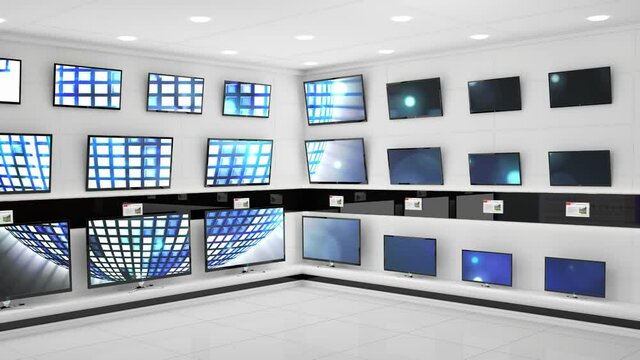 Interior of electronics store with synchronized video playing on screens of multiple televisions