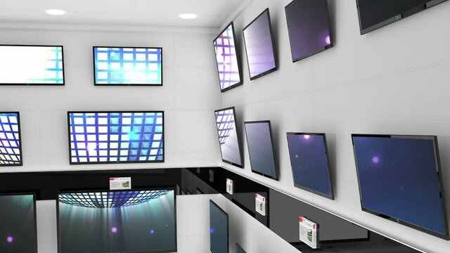 Interior of electronics store with synchronized video playing on screens of multiple televisions