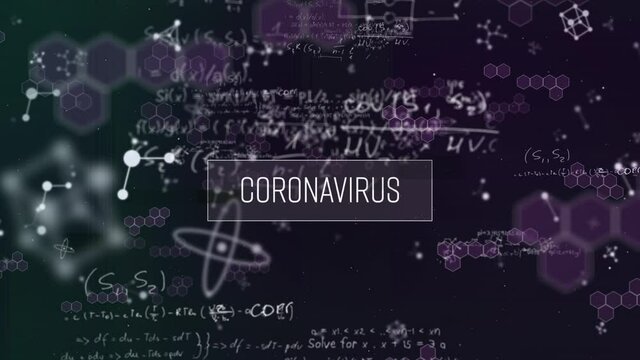 Coronavirus text banner over molecular structures and mathematical equations on black background