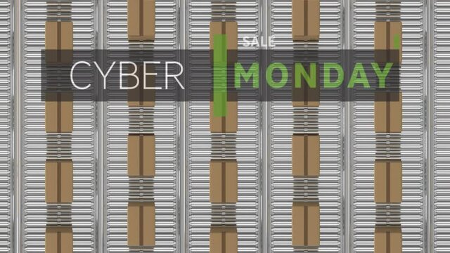 Cyber monday sale text banner against overhead view of multiple delivery boxes on conveyer belt