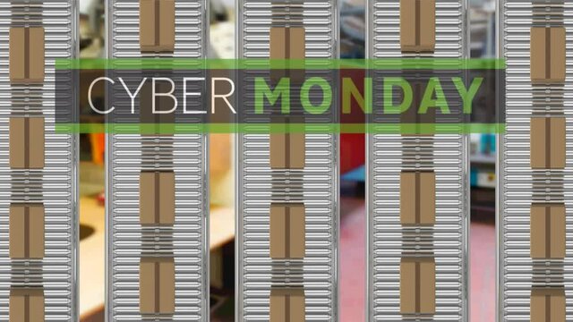 Cyber monday text banner over multiple delivery boxes on conveyer belt against factory