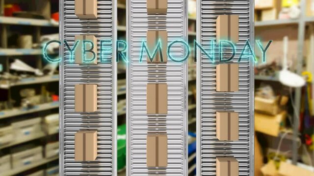 Neon blue cyber monday text banner over multiple delivery boxes on conveyer belt against factory