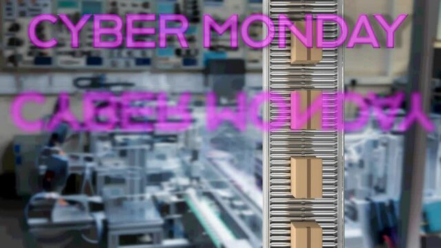 Neon pink cyber monday text banner over multiple delivery boxes on conveyer belt against factory