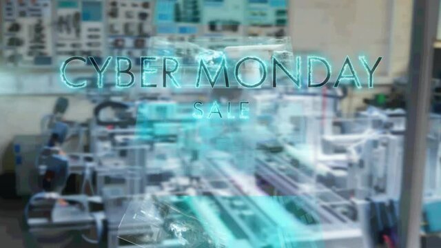 Neon blue cyber monday sale text banner against screens with data processing against factory