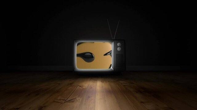 Digital animation of smirk face emoji on television screen against grey background