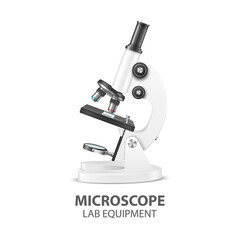 Microscope Parts, Structure Anatomy. Vector 3d Realistic White Laboratory Microscope Isolated on White. Chemistry, Biology Tool. Science, Lab, Research, Education Infographics. Design Template