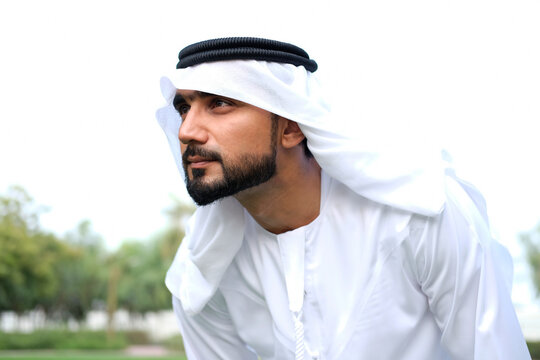 Arab Emirati man on kandura. Portrait of Arabic guy