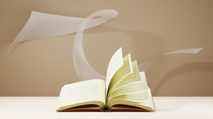 3D Rendering of open book and thin cloth. Education concept. Reading the book.