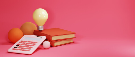 3D Rendering of Books, calculators and light bulbs in brightly colored rooms. Education concept. Reading the book.