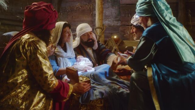 Wise Men praising Jesus Christ in barn nativity 
