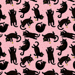Fototapeta premium Seamless vector pattern with black cute kittens and hearts on a pink background. The cat is playing with a yellow ball, sleeping, lying belly up, smiling. A sly little prankster. Love for cats