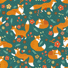 Seamless vector pattern of foxes, flowers, mushrooms on a dark turquoise background. Cute hand-drawn foxes and flowers in a flat style. Funny little stylized foxes for your design.