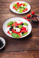 Greek salad feta, olives, vegetables, tomato no meat food organic product meal snack on the table copy space food background rustic. top view keto or paleo diet veggie vegan or vegetarian food