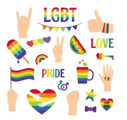 Collection of LGBTQ community symbols clipart isolated. Hands, quotes, rainbow colored food, hearts and flags, concept of LGBT people elements. Gay parade. gay, lesbian and trans icons vector set