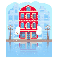 Winter time Amsterdam.Buildings in the snow Netherlands, Europe.Vector flat illustration.