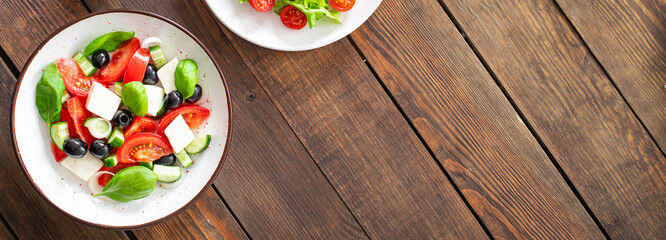 Greek salad feta, olives, vegetables, tomato no meat food organic product meal snack on the table copy space food background rustic. top view keto or paleo diet veggie vegan or vegetarian food