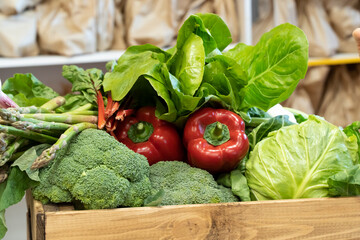 Delivery fresh products to the house from organic farming. Farm vegetables in the box are collected and waiting for loading and delivery to customers.