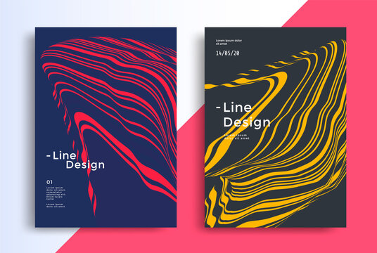 Duotone wavy line compositions. Red and blue fluid wave. Striped flow background design for the cover, flyer.
