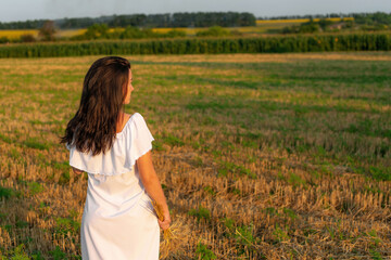 Fototapeta na wymiar Young woman in summer field under sunrise light. Happy woman enjoying sunny day in field. Summer vacation