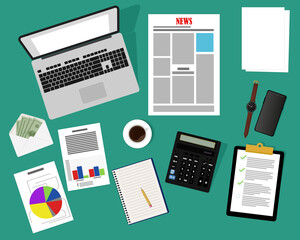 Top view of a desk with a computer, notepad, resumes, documents, charts, reports, smartphone, pencil, calculator, coffee, newspaper. Vector illustration in flat style. Template for business