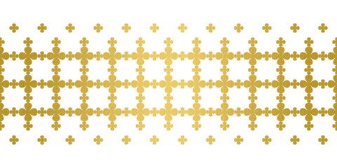 Delicate four leaf water clover seamless garland Border. Stylised gold leave vector, minimal concept. Regular repeating flowers for fancy silk fabrics for fashion and interiors.